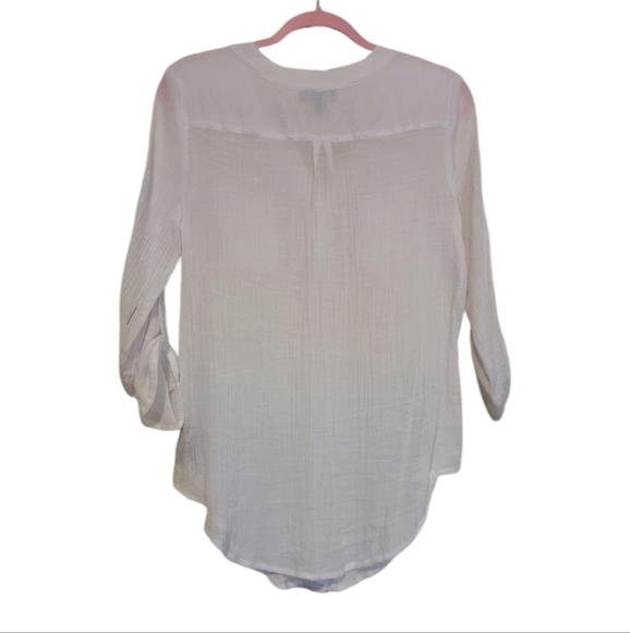 AB studio white peek a boo, see thru 3/4 pinned up sleeve button up shirt Sz L - Picture 2 of 4